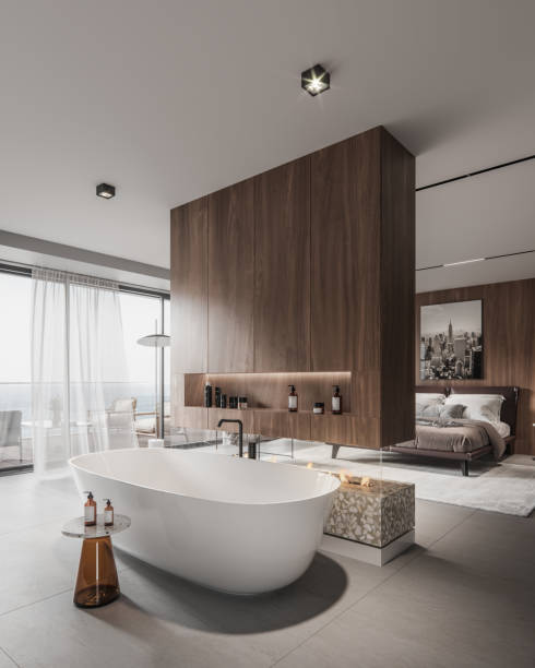 großes badezimmer-interieur in 3d - badezimmer stock-fotos und bilder