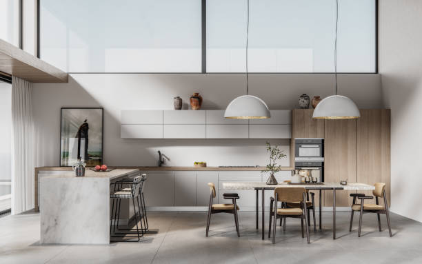 imagen generada digitalmente de una cocina moderna con mesa de comedor - contemporary sparse design lamp fotografías e imágenes de stock