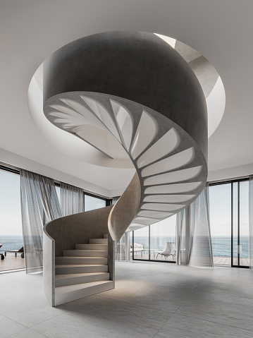 3D rendering of spiral staircase in a modern living room of a villa. Circular stairway in a house.