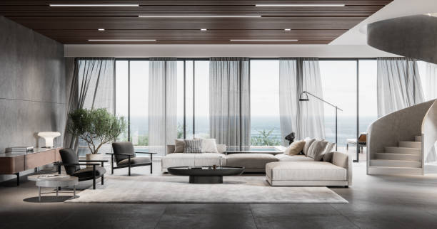 modernes wohnzimmer in 3d - luxus stock-fotos und bilder