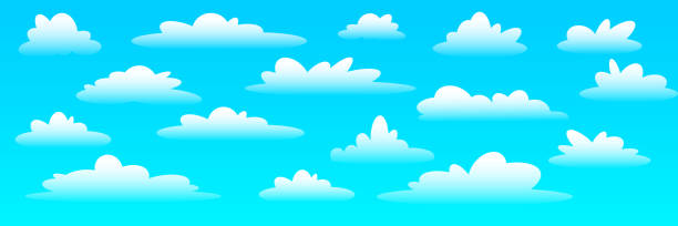 zestaw chmur z kreskówek ustawionych na izolowanych na niebieskim tle. realistyczne elementy nieba. śmieszne ikony chmur z kreskówek, aby wypełnić swoje sceny nieba. ilustracja wektorowa - cloud community city mid air stock illustrations