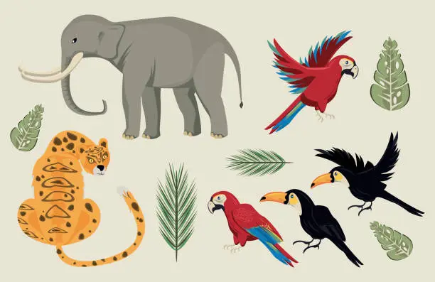 Vector illustration of wild animals and leafs group scene