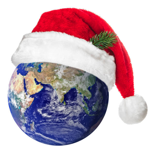 Earth Globe (Eastern hemisphere) in a Santa hat isolated on white Earth Globe (Eastern hemisphere) in a Santa hat isolated on a white background.  Earth globe image provided by NASA - https://earthobservatory.nasa.gov/images/2181/the-blue-marble eastern hemisphere stock pictures, royalty-free photos & images