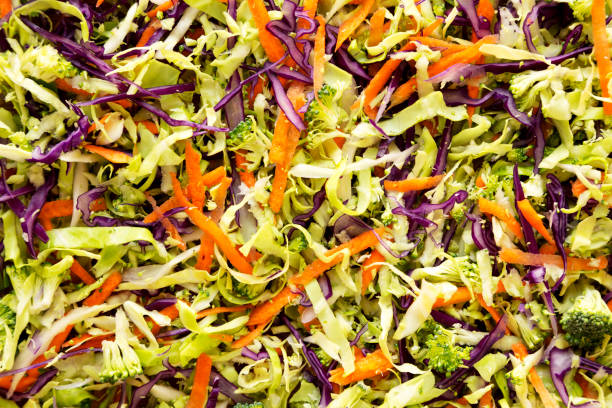 istock Homemade Raw Shredded Broccoli Slaw background. 1266163197