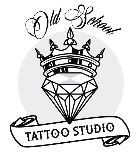 luksusowy diament z koroną tattoo studio graficzne - tatuaże z diamentami stock illustrations