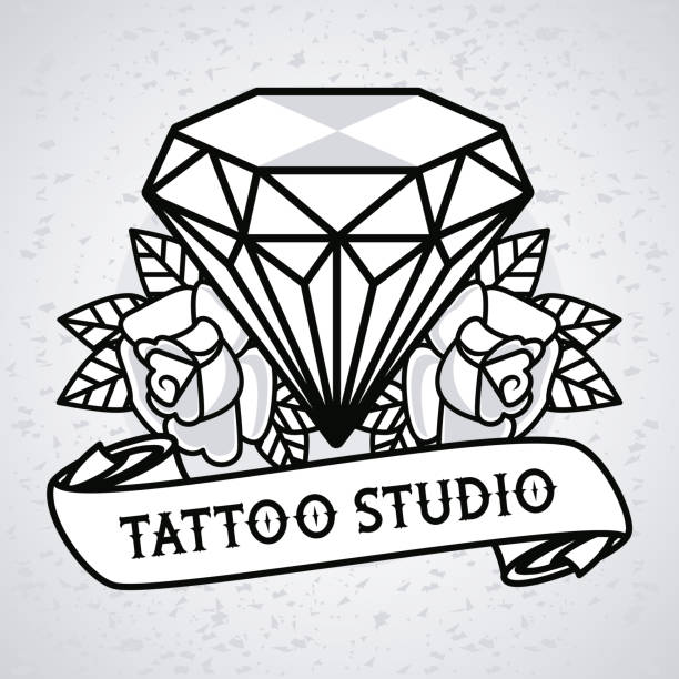 luksusowy diament z różami kwiaty tatuaż studio graficzne - tatuaże z diamentami stock illustrations