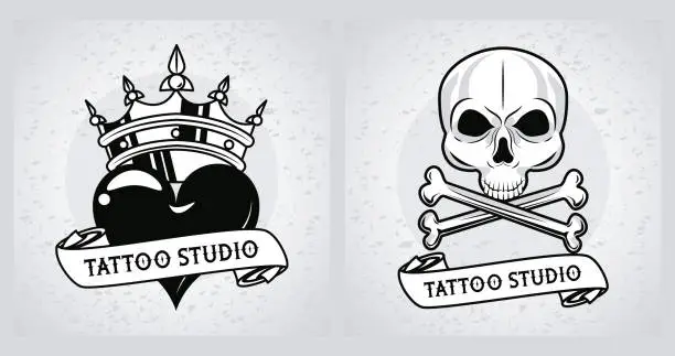 Vector illustration of skull and heart with crown tattoos studio graphics