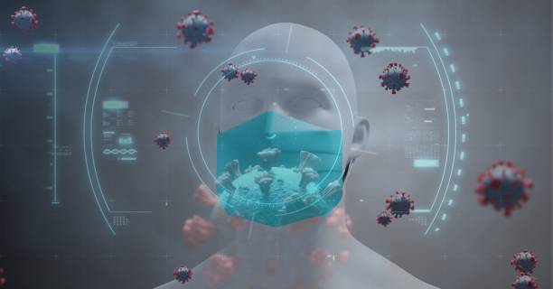 istock Scope scanning Covid-19 cell against  3D human head model wearing face mask 1266164322