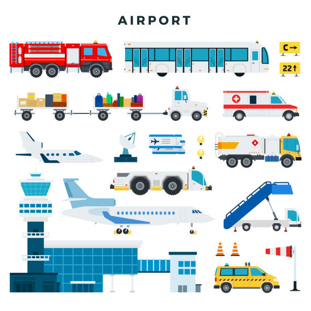 lotnisko, zestaw ikon. budynek lotniska, wieża kontrolna, samoloty, pojazdy usług naziemnych lotniska itp. ilustracja wektorowa w stylu płaskim. - luggage cart airport luggage cargo container stock illustrations