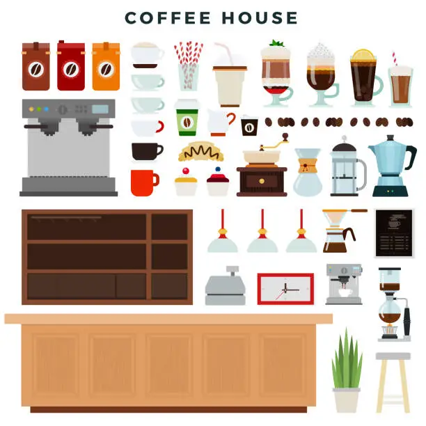 Vector illustration of Coffee house, set of elements. Coffee shop interior, equipment, different types of coffee drinks. Vector illustration.