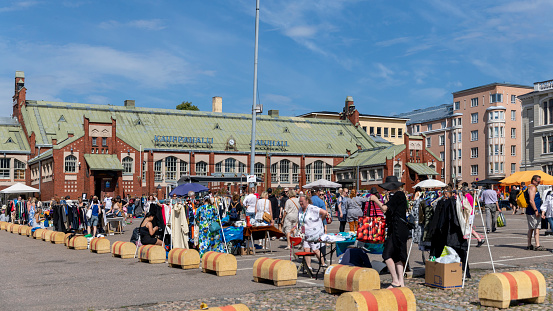 Helsinki, Finland - aug 9th 2020: Hietalahti market place downtown Helsinki is famous for it's flee market on every sunday. Everybody can get a table and sell their products.
