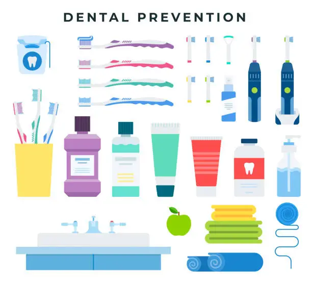Vector illustration of Dental cleaning tools for preventive oral hygiene, set of elements. Vector illustration, isolated on background.