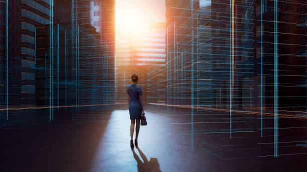 istock Woman walking in empty city with wireframe overlay 1266169409