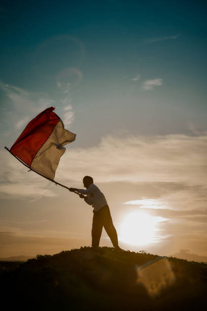 夕日の自然の中で赤と白のインドネシアの旗を振る小さな男の子 - インドネシア国旗 ストックフォトと画像