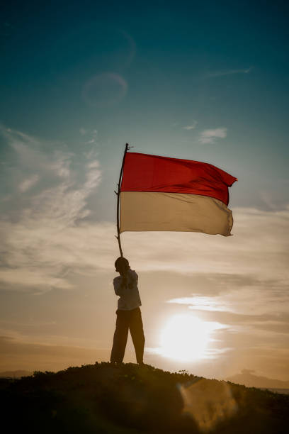 Little Boy Waving Red and White Indonesian Flag in sunset nature stock photo
