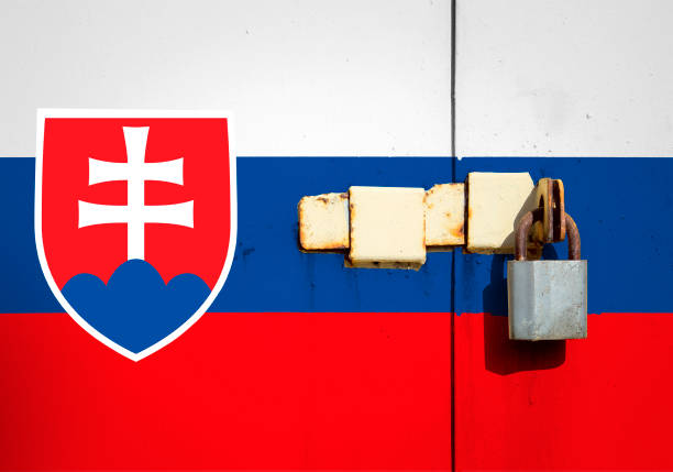 Slovakia flag is on texture. Template. Coronavirus pandemic. Countries may be closed. Locks.