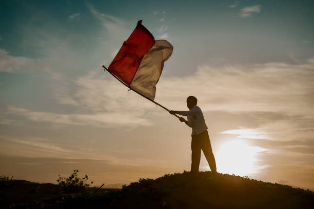 夕日の自然の中で赤と白のインドネシアの旗を振る小さな男の子 - インドネシア国旗 ストックフォトと画像