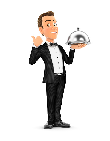 3d waiter standing with restaurant cloche and thumb up, illustration with isolated white background