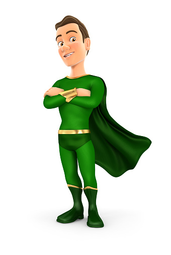 3d green hero standing with arms crossed, illustration with isolated white background