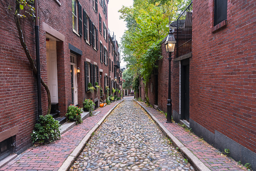 Cobled alley lined with traditional American brick townhouses and gas lit lamp posts on a cloudy autumn day. Beacon Hill, Boston, Ma, United States.