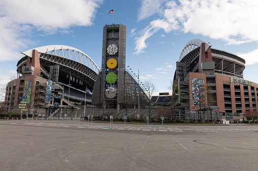 Seattle, USA - Apr 2, 2020: Late in the day Empty Century Link Field during the covid-19 shutdown pandemic.