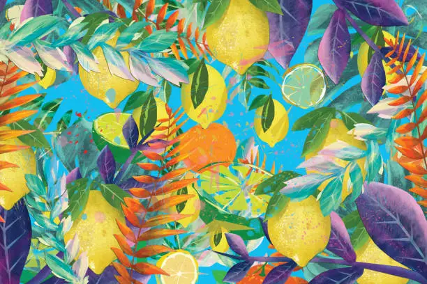Vector illustration of Tropical leaves and lemons background