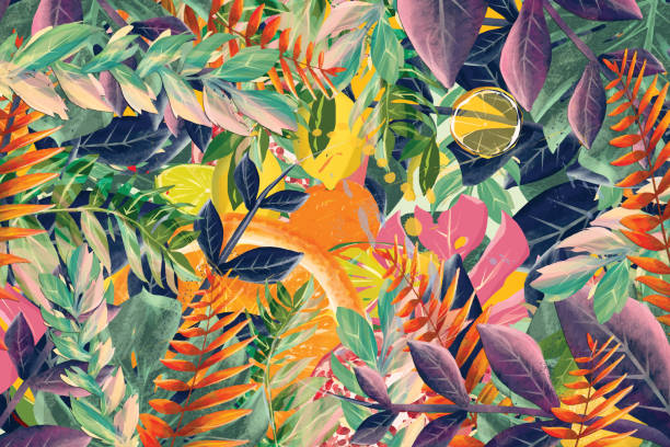ilustraciones, imágenes clip art, dibujos animados e iconos de stock de fruta tropical y hojas de fondo - colores ilustraciones