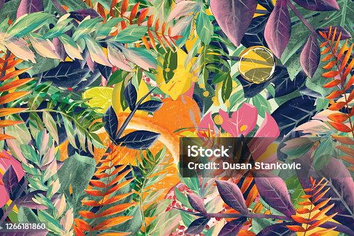 istock Tropical fruit and leaves background 1266181860