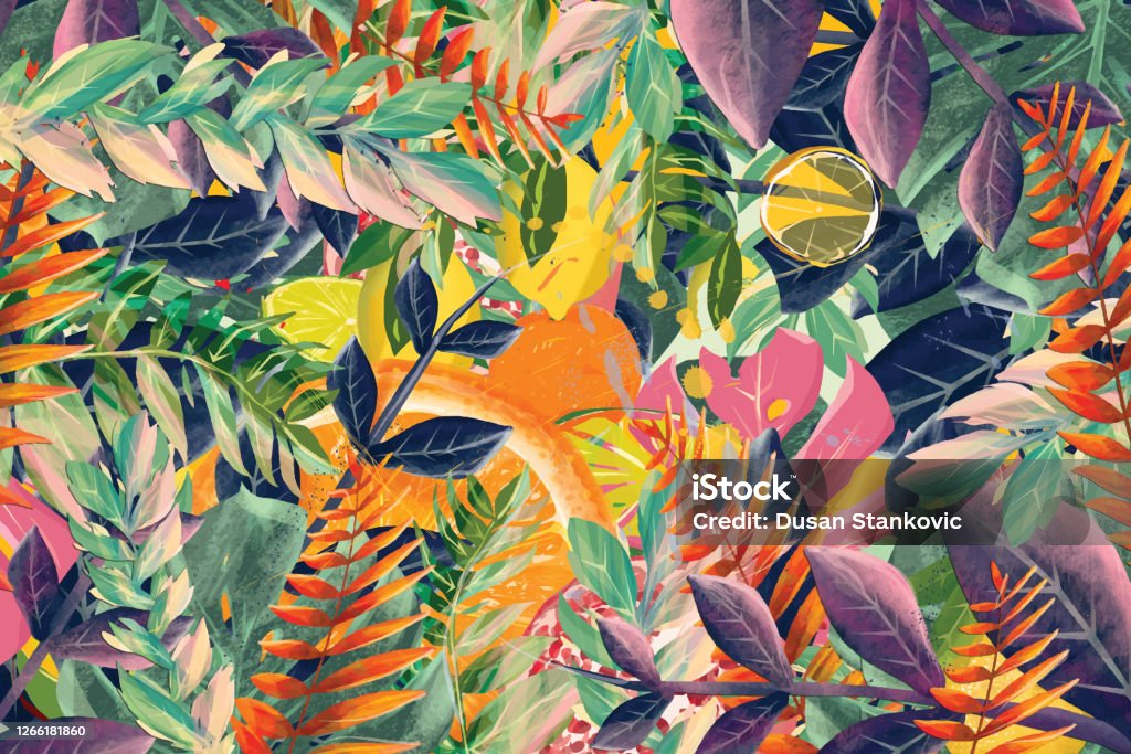Tropical fruit and leaves background Exotic fruits and leaves on a blue background. Oranges, lemons and limes in vibrant colors Flower stock vector