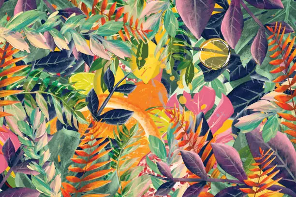 Vector illustration of Tropical fruit and leaves background