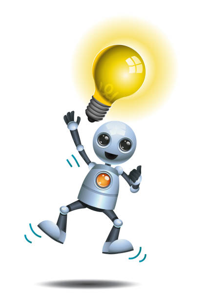 istock illustration 3d of little robot jumping got a brilliant idea 1266181868