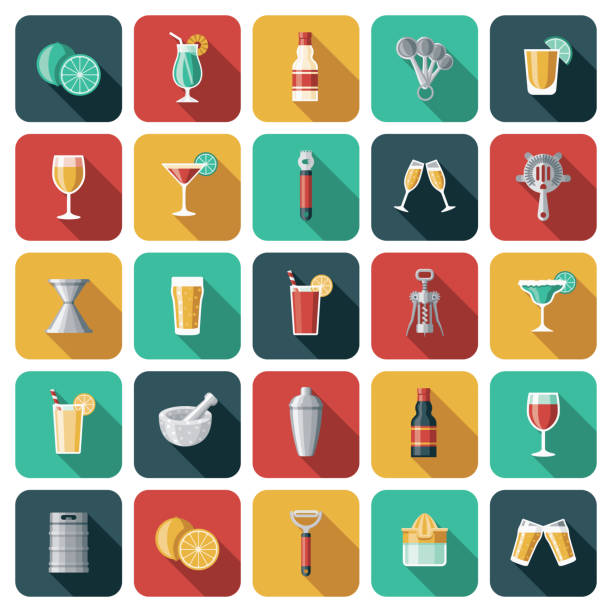 Bartending Icon Set A set of rounded corner App-style icons. File is built in the CMYK color space for optimal printing. Color swatches are global so it’s easy to edit and change the colors. bartender illustrations stock illustrations