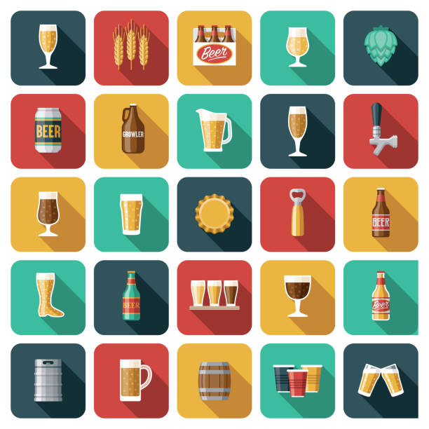 ilustraciones, imágenes clip art, dibujos animados e iconos de stock de conjunto de iconos de cerveza y cervecería - bitter beer bottle alcohol beer