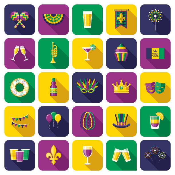 Mardi Gras Carnival Icon Set A set of rounded corner App-style icons. File is built in the CMYK color space for optimal printing. Color swatches are global so it’s easy to edit and change the colors. new orleans fleur de lis stock illustrations