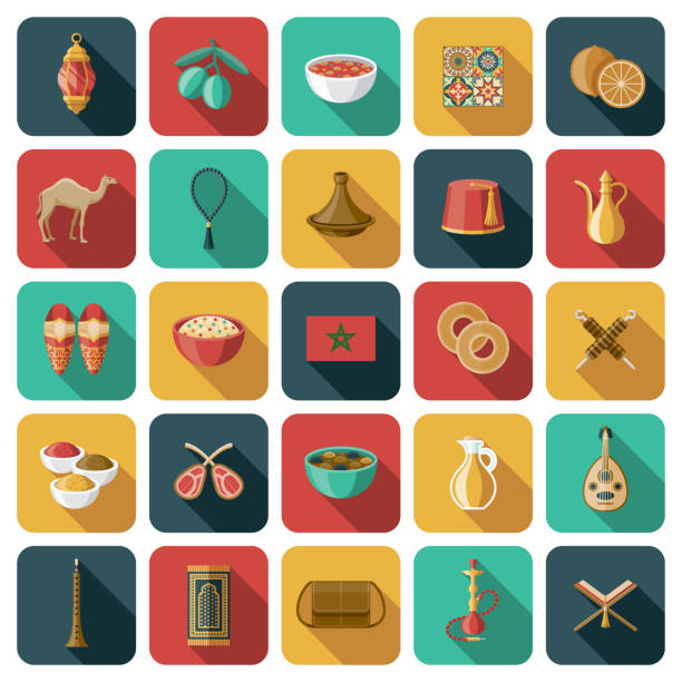 Morocco Icon Set A set of rounded corner App-style icons. File is built in the CMYK color space for optimal printing. Color swatches are global so it’s easy to edit and change the colors. casablanca stock illustrations