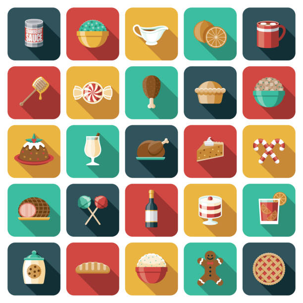 Holiday Food Icon Set A set of rounded corner App-style icons. File is built in the CMYK color space for optimal printing. Color swatches are global so it’s easy to edit and change the colors. christmas eggnog stock illustrations
