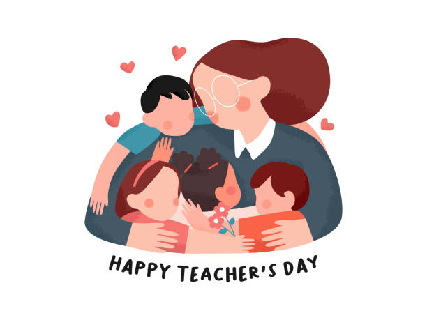 Hand drawn Happy teacher's day poster background concept.Kids student giving hug and flower to her teacher. vector flat illustration creative graphic design Hand drawn Happy teacher's day poster background concept.Kids student giving hug and flower to her teacher. vector flat illustration creative graphic design happy teacher day stock illustrations