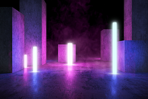 Neon 3D Power Lights with Fluorescence and Smoke, Grunge Concrete Columns, 3D Rendering Background, Underground Abstract Sci-Fi Design, Conceptual Cosmic Tomorrow Aesthetic Style.