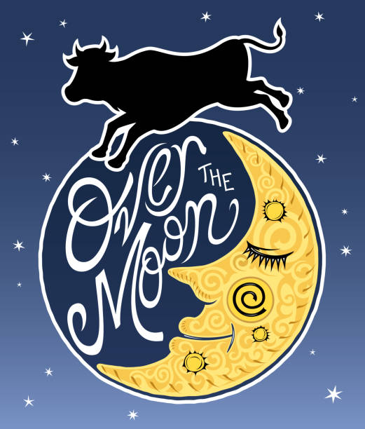 krowa skacze na księżycu - cow moon nursery rhyme jumping stock illustrations