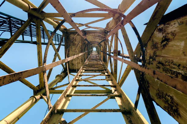 istock old high metal tower building with stairs bottom view 1266190848