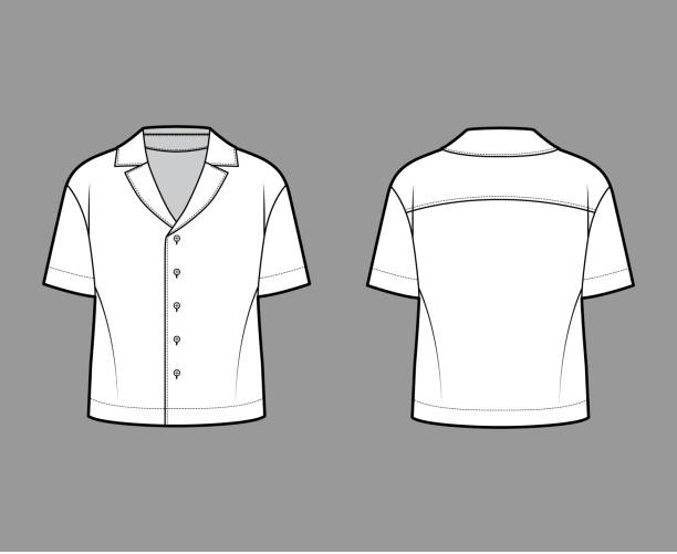 istock Shirt technical fashion illustration with relaxed silhouette, retro camp collar, front button fastenings, short sleeves 1266192502