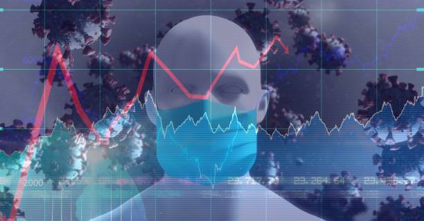 istock Covid-19 cells and stock market data processing against 3D human head model wearing face mask 1266197419