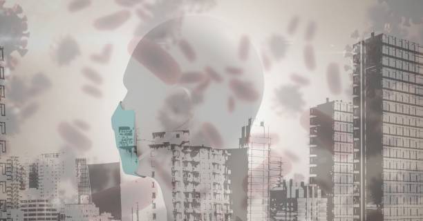 istock 3D human head model wearing face mask against cityscape 1266197448