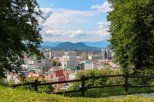 A view over Ljubljana to the mountains