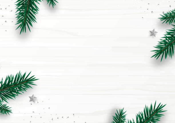 illustrations, cliparts, dessins animés et icônes de décor de cadre de noël avec branche de sapin, étoiles, confettis, isolés sur le fond en bois blanc. plat couché. vue supérieure. copier l’espace. vacances d’hiver. style minimal. illustration vectorielle. - christmas tree branch