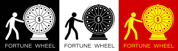 ilustrações de stock, clip art, desenhos animados e ícones de stick figure, player spins the wheel of fortune with a dollar sign in the center. luck, casino and gambling. spin the roulette, try your luck. minimalistic vector - wheel incentive spinning luck