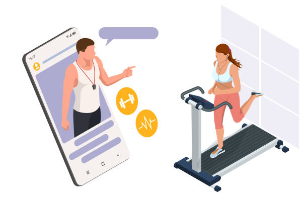 istock Running simulator. Isometric training online, woman in sportswear running on a treadmill. Fitness and Health icons. Running machine or track 1266202430
