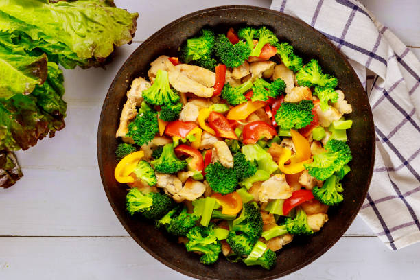 istock Chicken poultry with healthy vegetables in wok. 1266205583