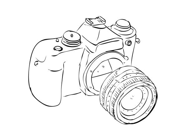 ilustrações, clipart, desenhos animados e ícones de dslr ou câmera digital proffesional, esboço manual de desenho - print media fotos