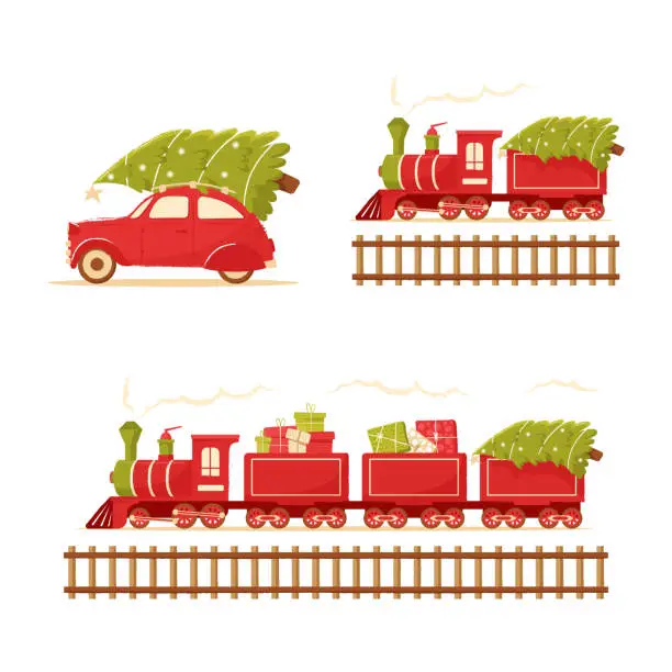 Vector illustration of Christmas train and car carries a Christmas tree. Christmas toy locomotive for holiday cards, tags and greeting cards. Christmas tree on roof of a red retro car. Cute postcard with new year and Christmas